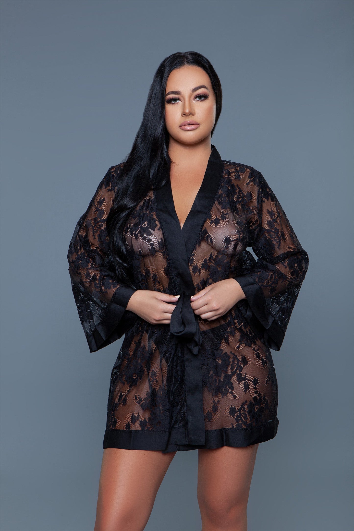 Delia Robe Floral Lace Robe with Satin Trimming