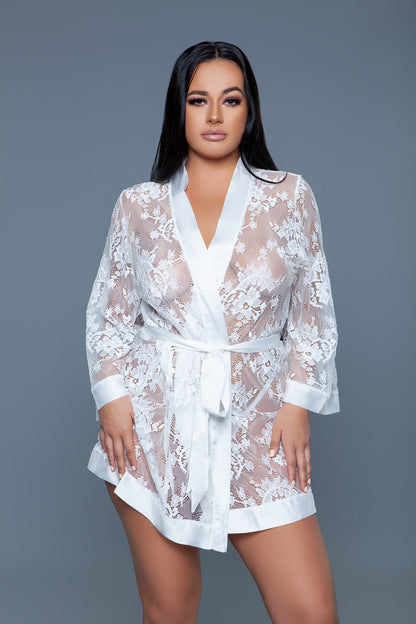 Delia Robe Floral Lace Robe with Satin Trimming