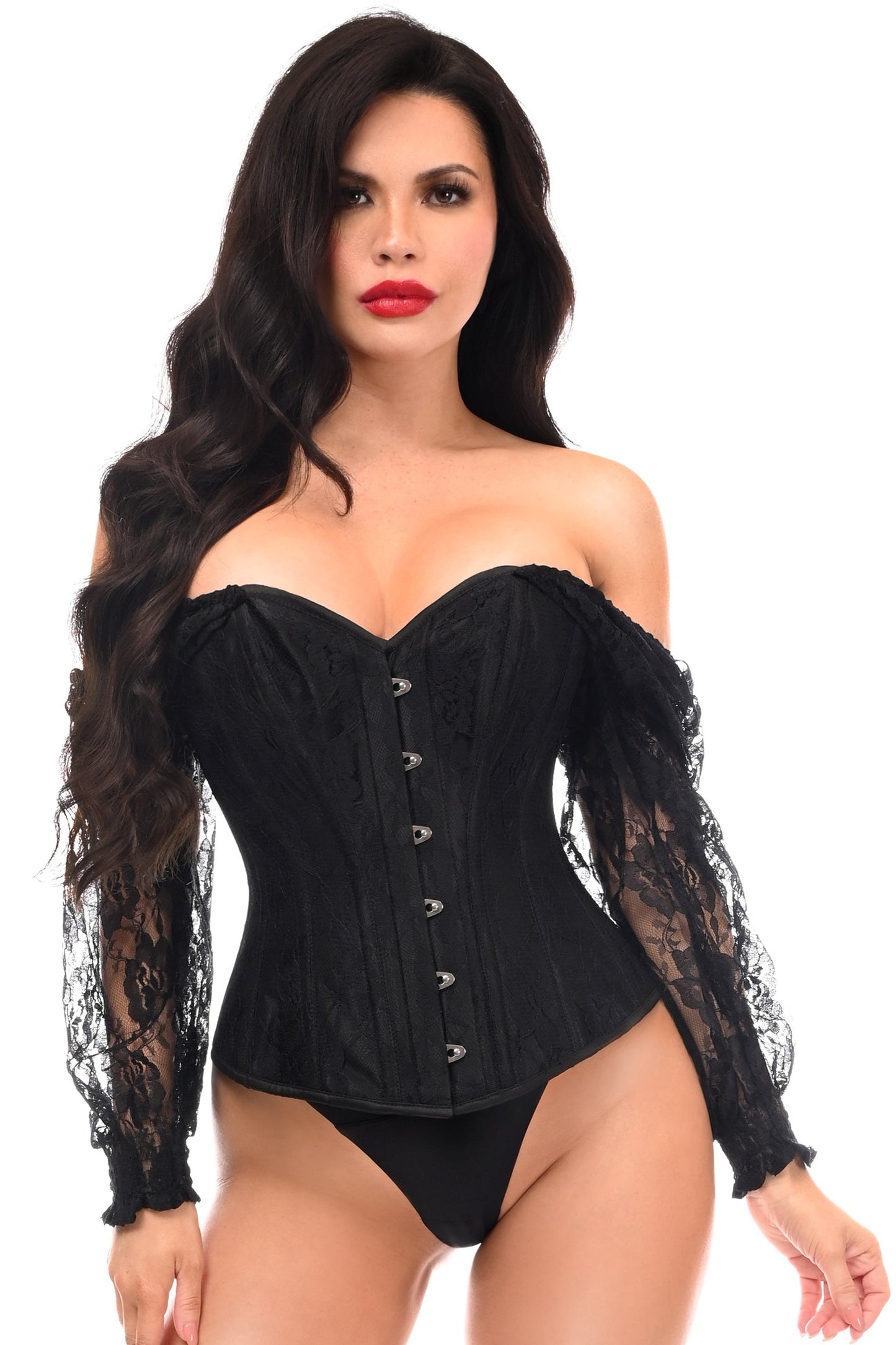 Daisy Black w/Black Lace Steel Boned Long Sleeve Corset