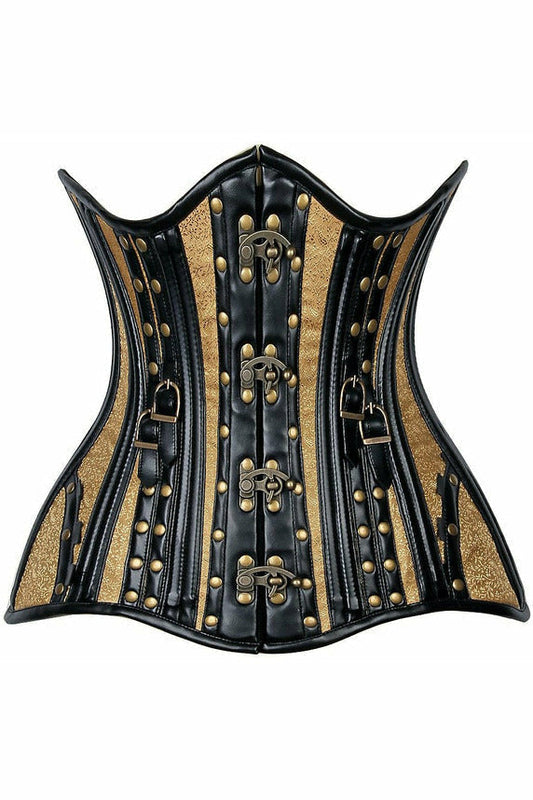 Daisy Faux Leather & Gold Brocade Steel Boned Under Bust Corset TD-1088