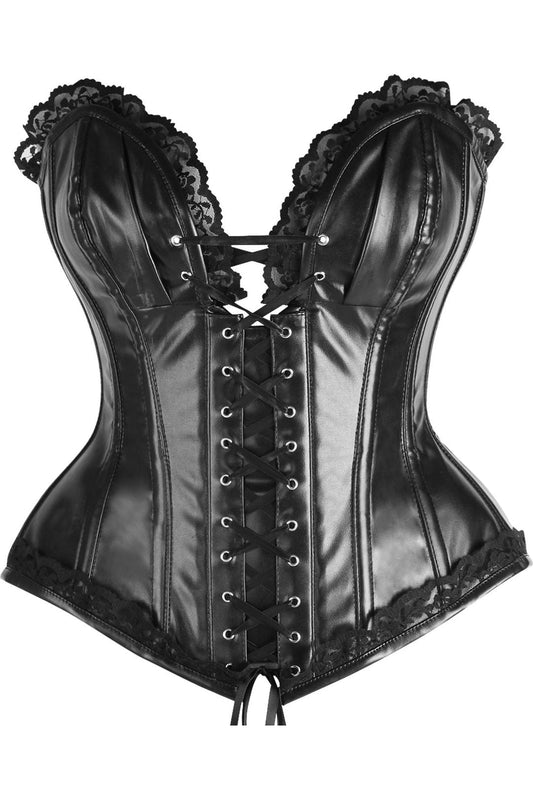 Daisy Black Faux Leather & Lace Trim Steel Boned Corset