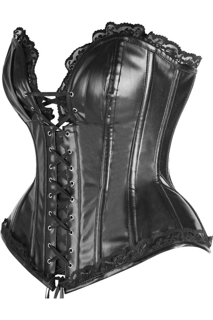 Daisy Black Faux Leather & Lace Trim Steel Boned Corset