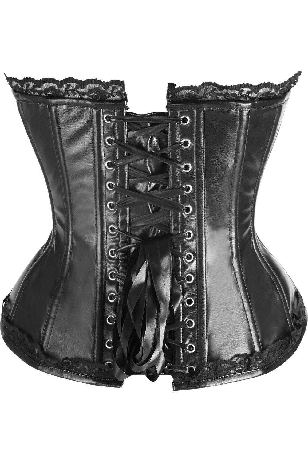 Daisy Black Faux Leather & Lace Trim Steel Boned Corset