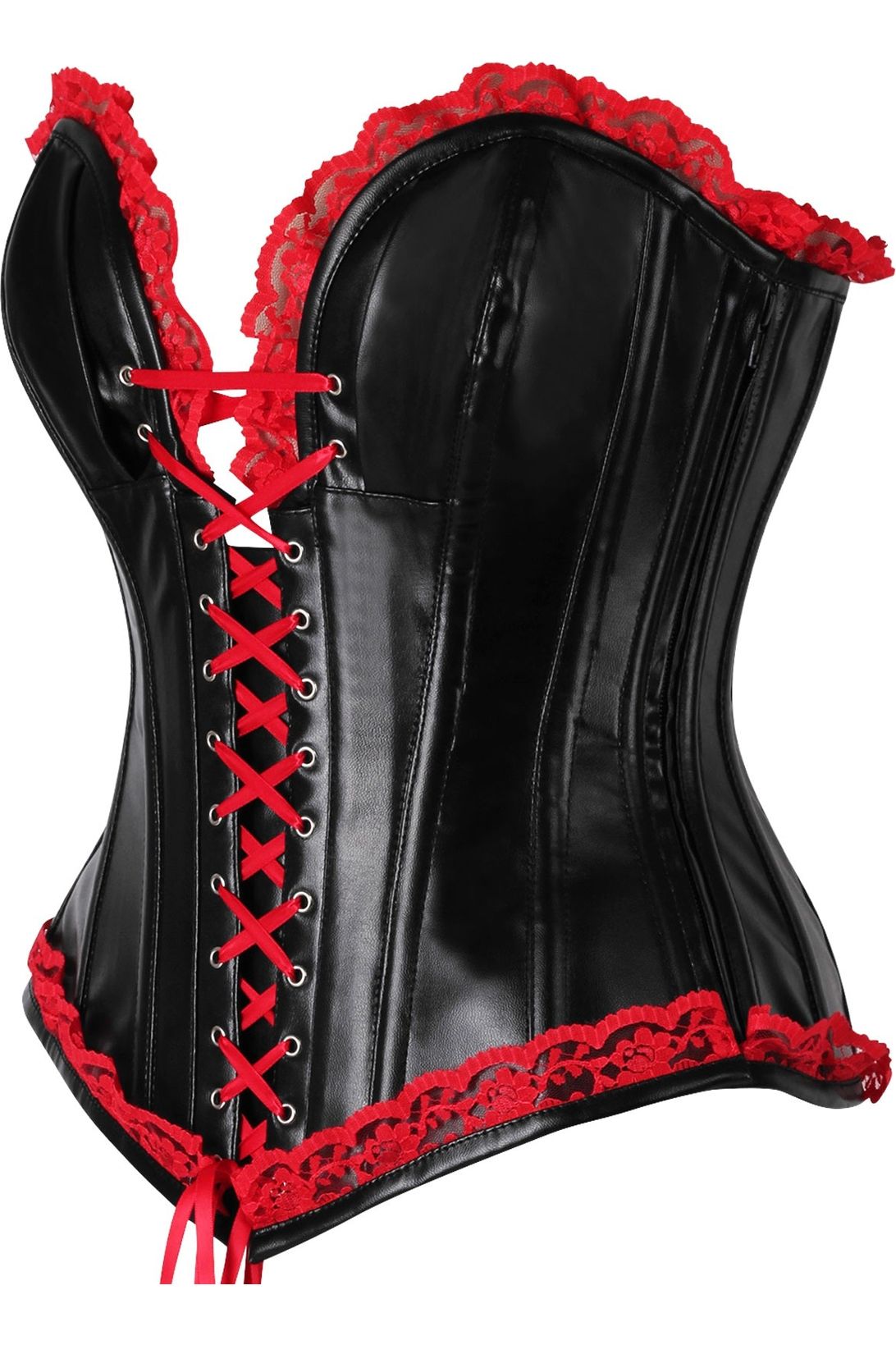 Daisy Black Faux Leather & Red Lace Trim Steel Boned Corset