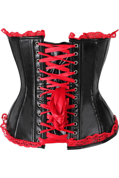 Daisy Black Faux Leather & Red Lace Trim Steel Boned Corset