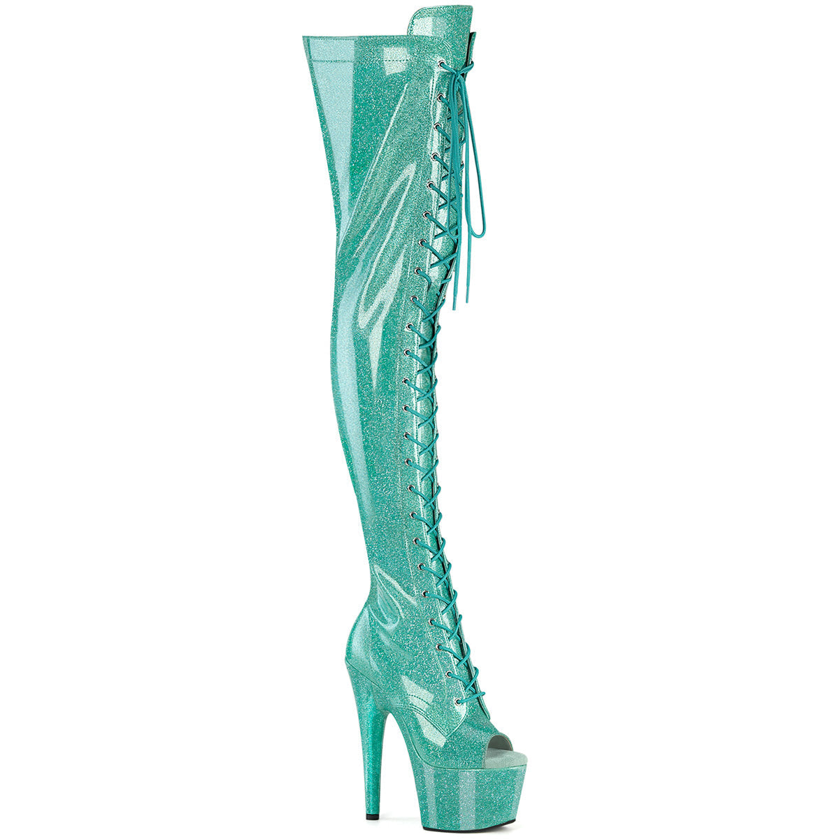 Pleaser Adore-3021GP Peep Toe Lace-Up Front Thigh High Boot