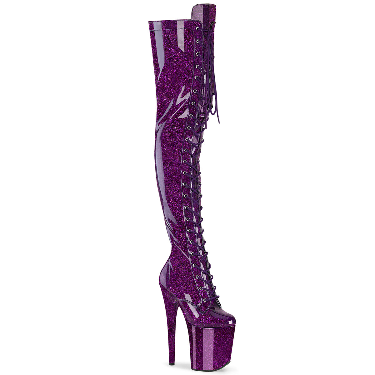 Pleaser Flamingo-3020GP Glittery Lace-Up Front Thigh High Boot