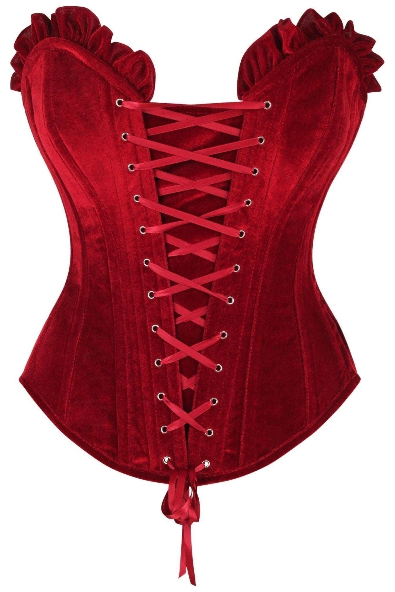 Top Drawer Dark Red Velvet Lace - Up Steel Boned Overbust Corset - Daisy Corsets