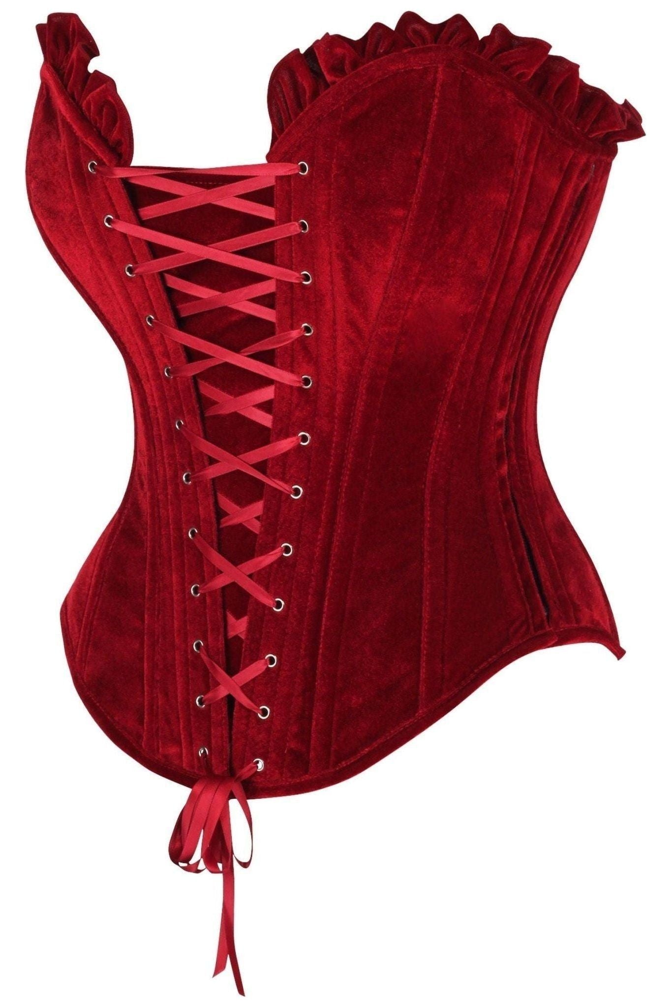 Top Drawer Dark Red Velvet Lace - Up Steel Boned Overbust Corset - Daisy Corsets