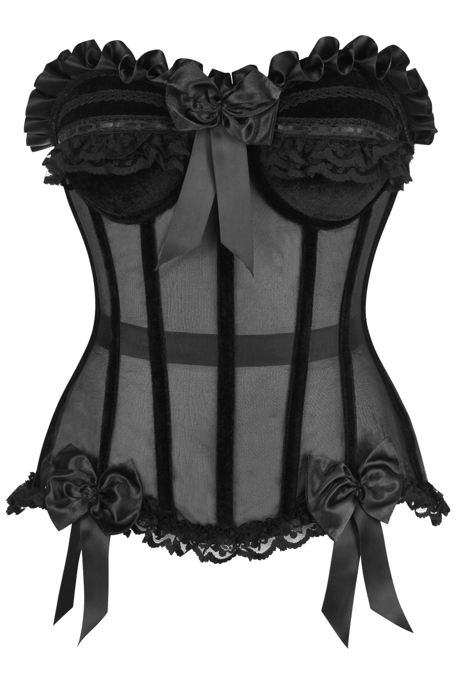 Top Drawer Steel Boned Black Mesh & Velvet Underwire Bustier Corset - Daisy Corsets