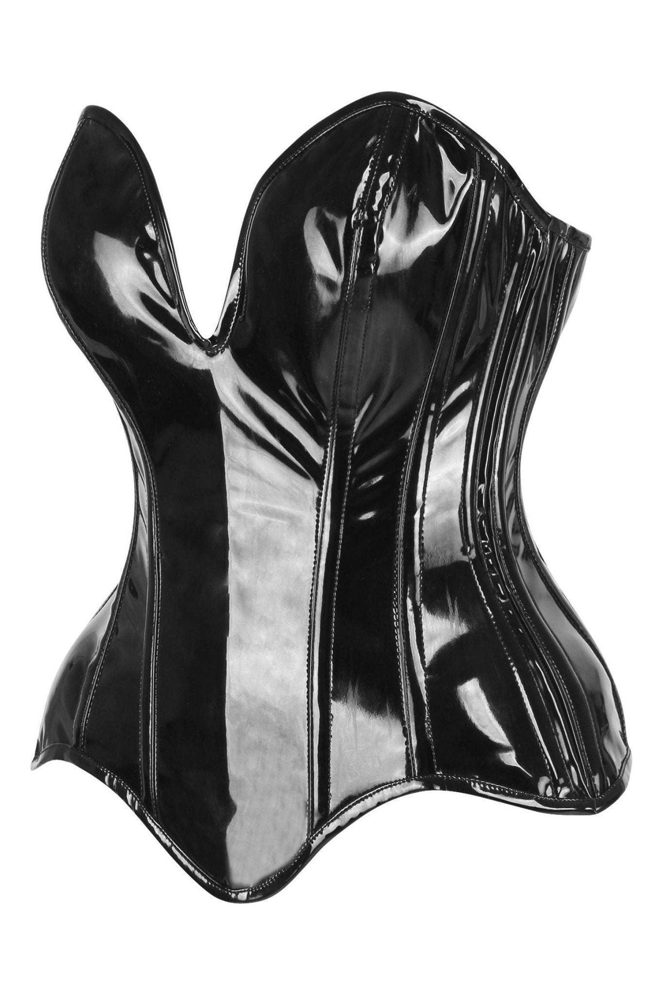 Top Drawer Steel Boned Black Patent Plunge Neckline Overbust Corset - Daisy Corsets