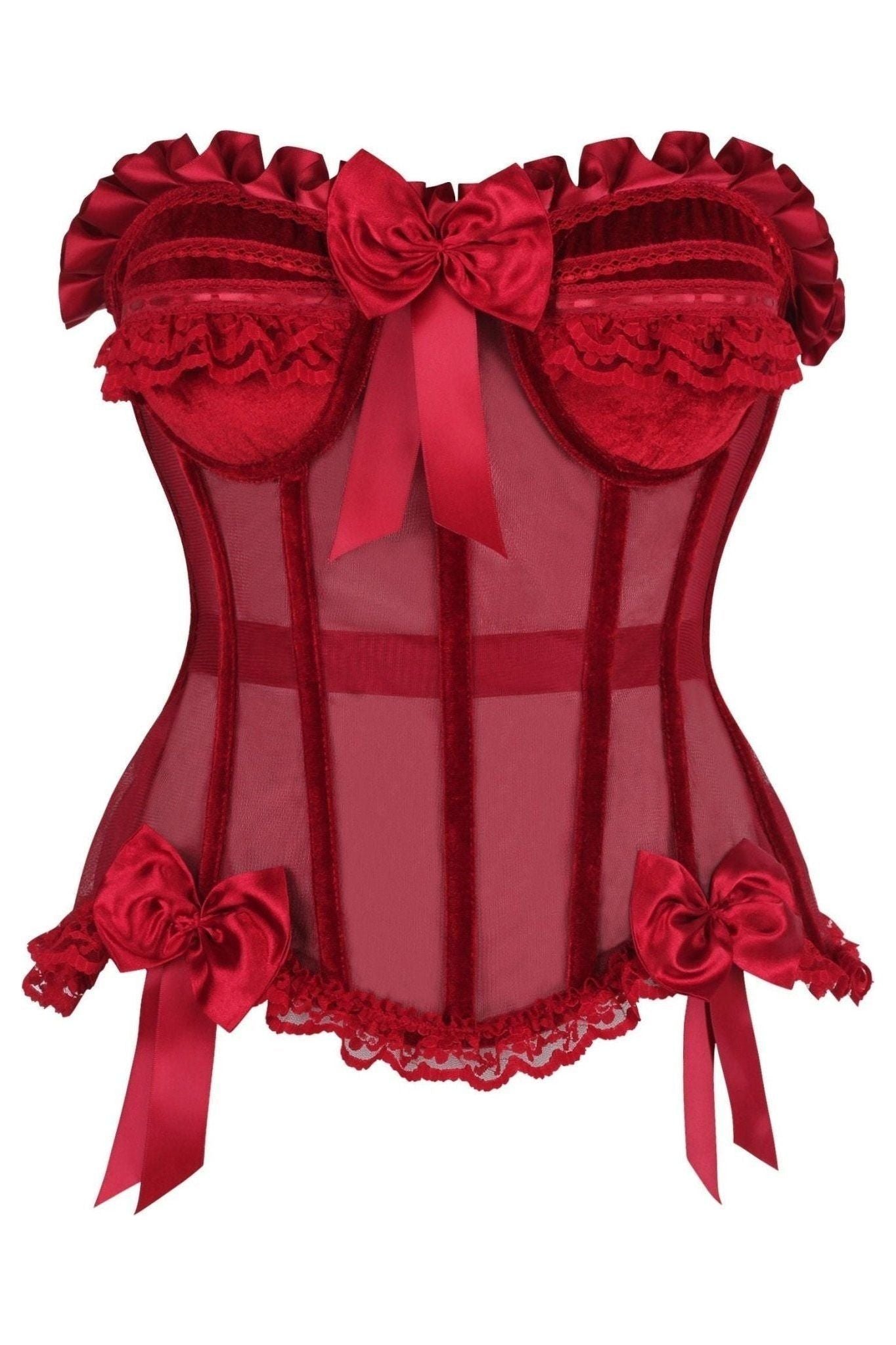 Top Drawer Steel Boned Dark Red Mesh & Velvet Underwire Bustier Corset - Daisy Corsets