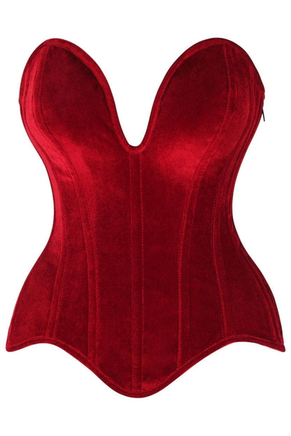 Top Drawer Steel Boned Dark Red Velvet Plunge Neckline Overbust Corset - Daisy Corsets