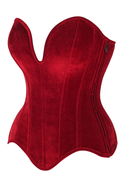 Top Drawer Steel Boned Dark Red Velvet Plunge Neckline Overbust Corset - Daisy Corsets