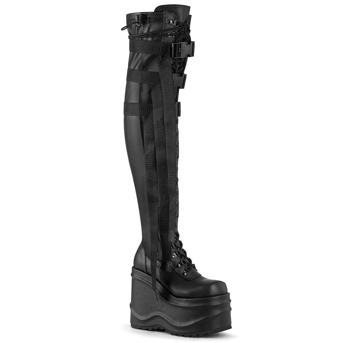 Demonia Wave-315 Lace-Up Stretch Thigh High Boot